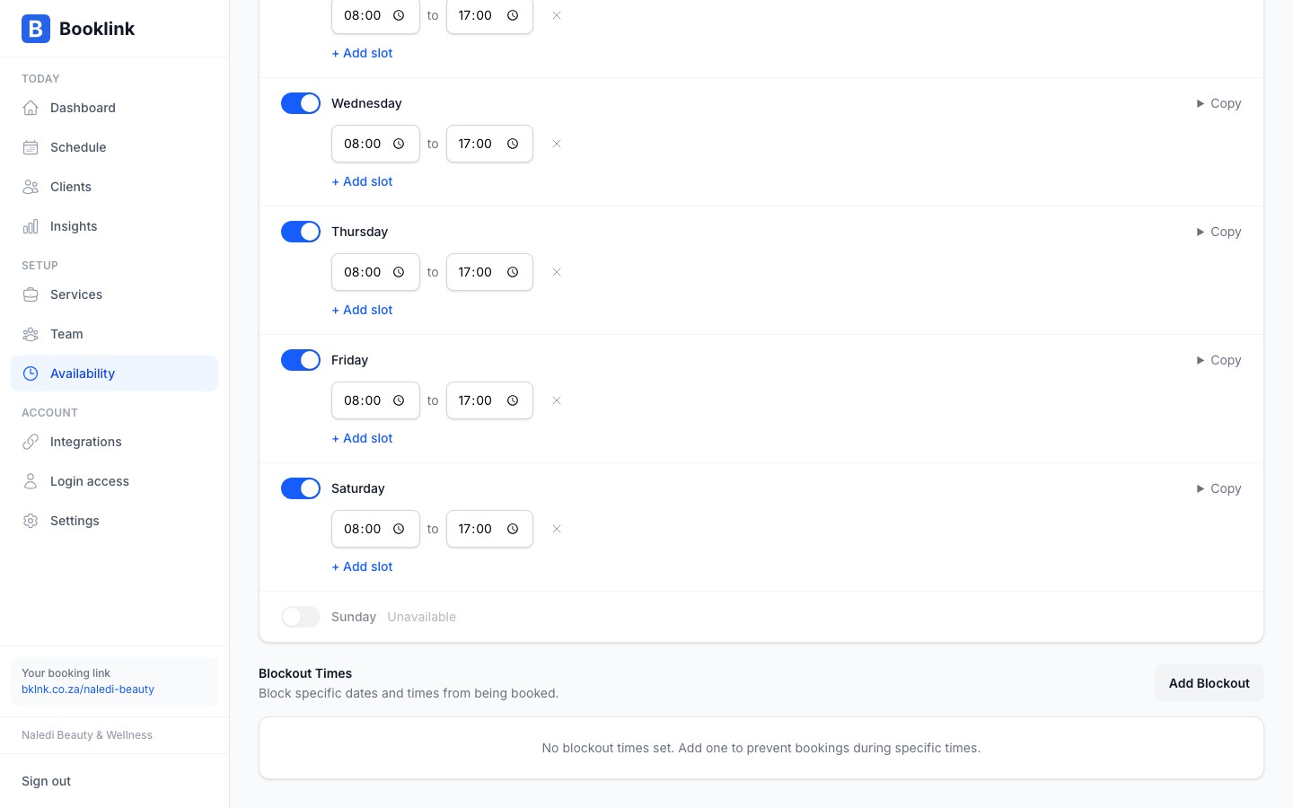 The blockouts section showing a list of upcoming blockout dates with names and date ranges