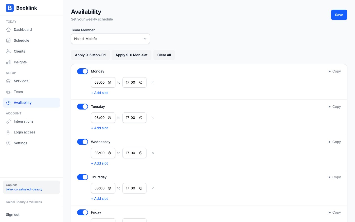 The availability page with a team member selector showing different members and their schedules
