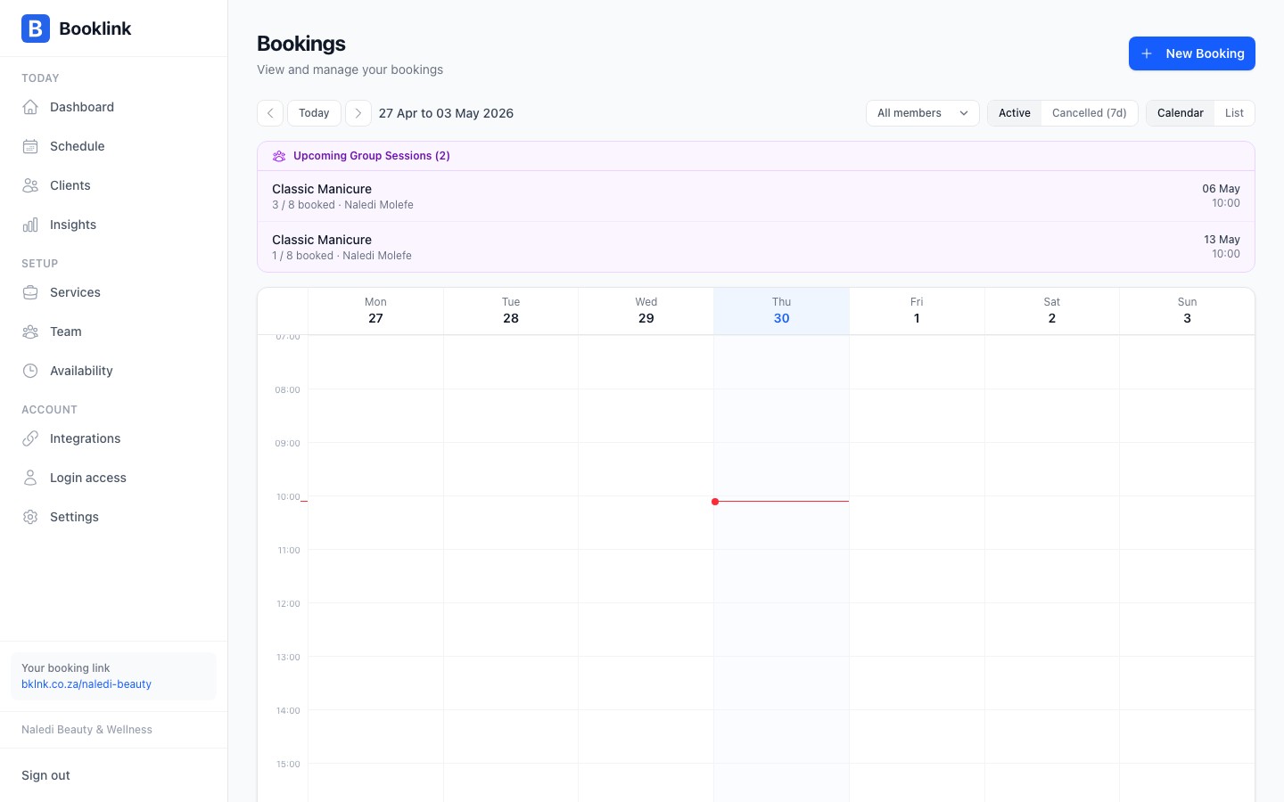 Bookings calendar view showing the current week with colour-coded appointments