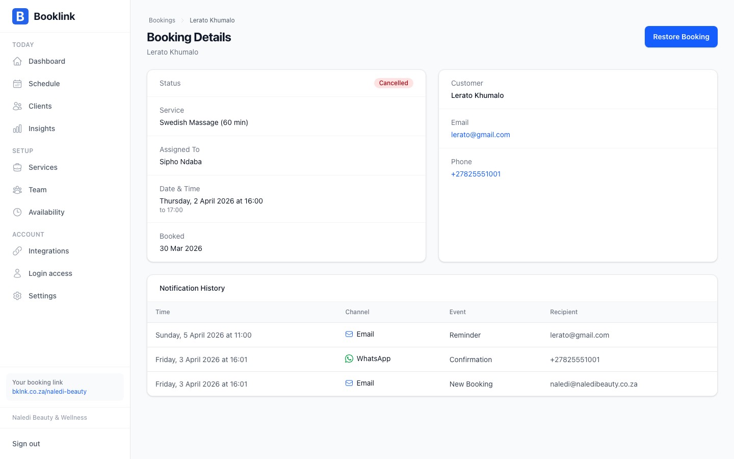 Booking detail page showing a cancelled booking