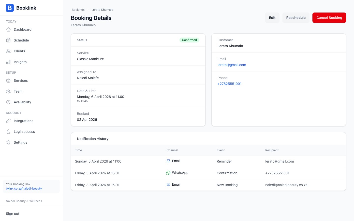 Booking detail page showing a confirmed booking