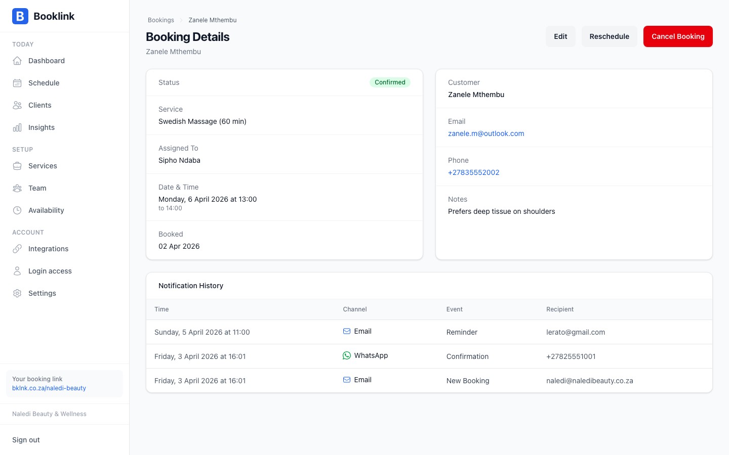 Booking detail page showing paid payment status