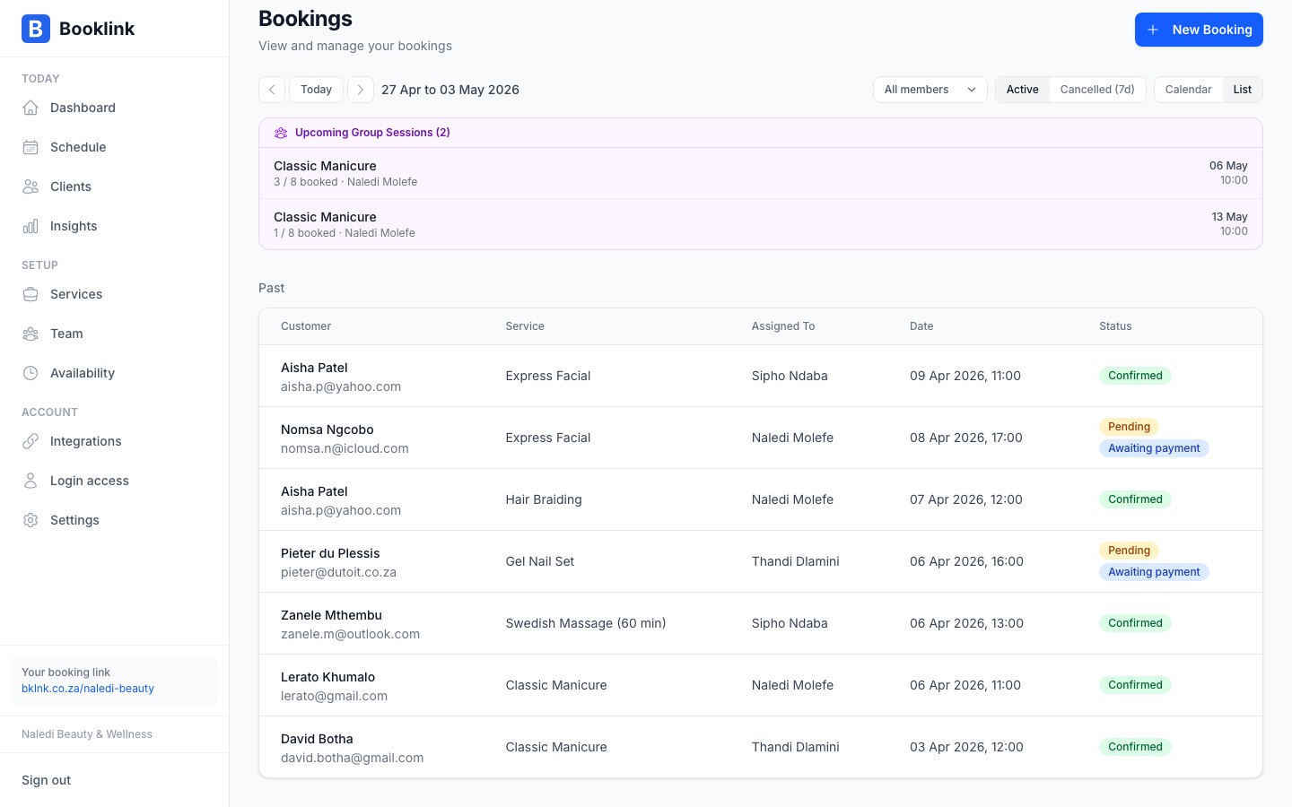 List view showing past bookings with muted styling
