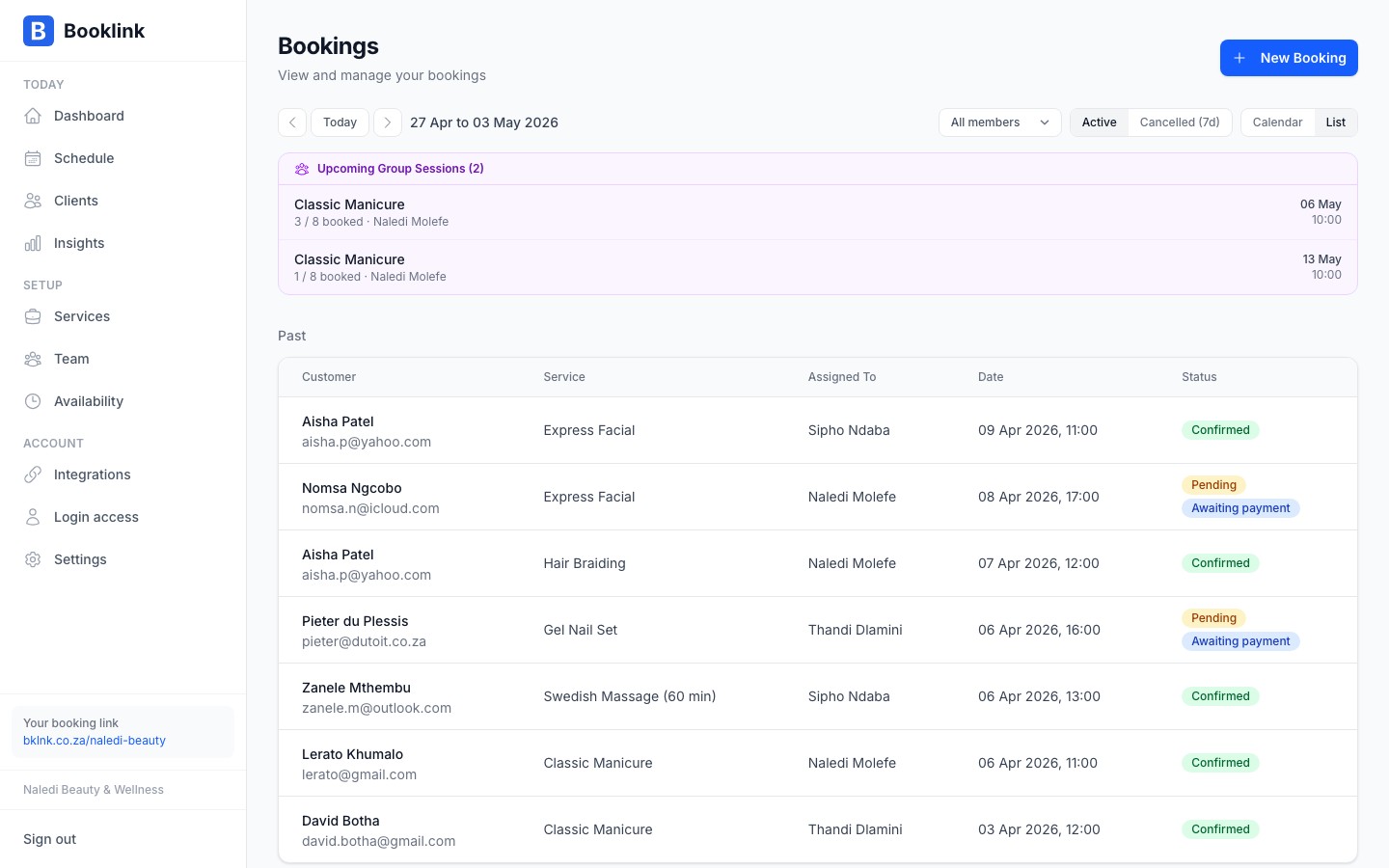 Bookings list view showing upcoming appointments in table format