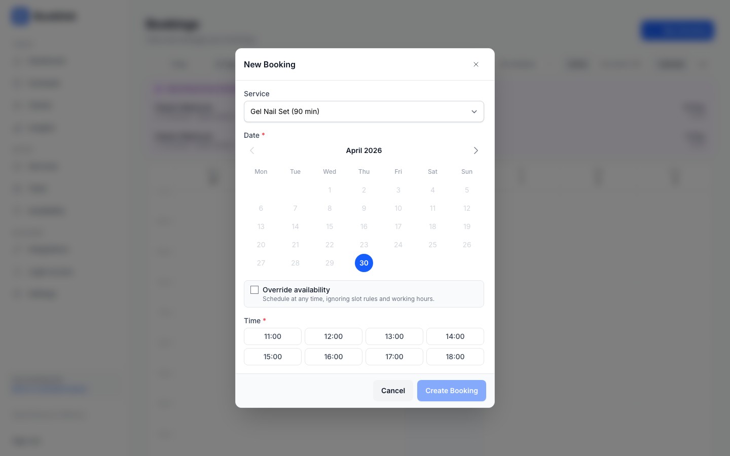 Override availability toggle shown above the time picker in the New Booking modal