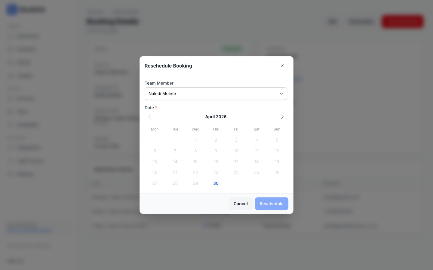 bookings reschedule modal