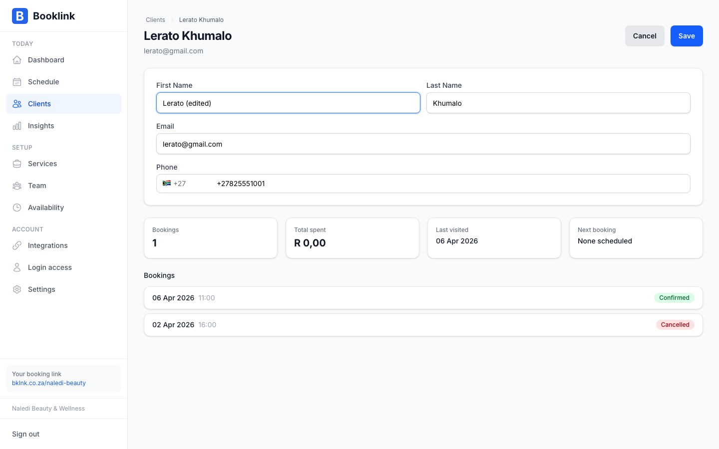 Client detail page in edit mode with editable fields
