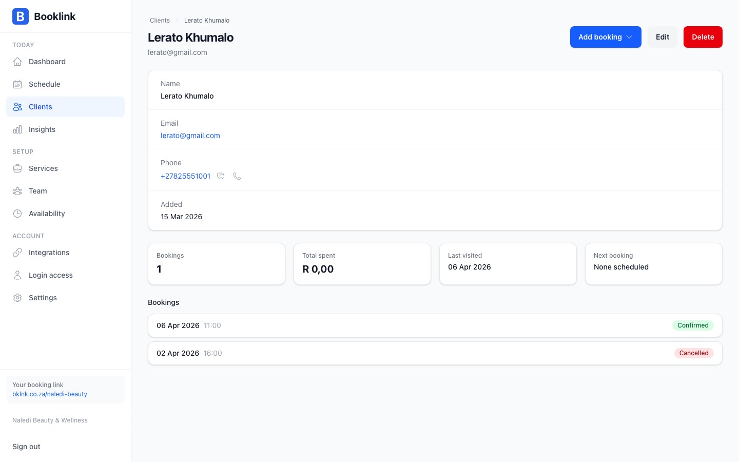Client detail page showing contact information and edit controls