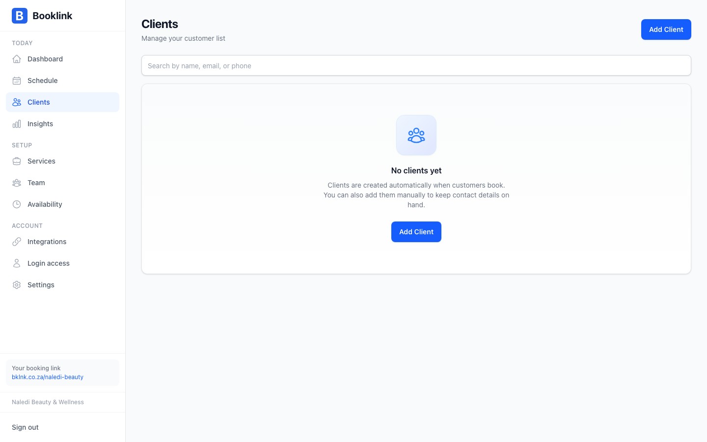 Empty clients state with a prompt to add your first client or share your booking link