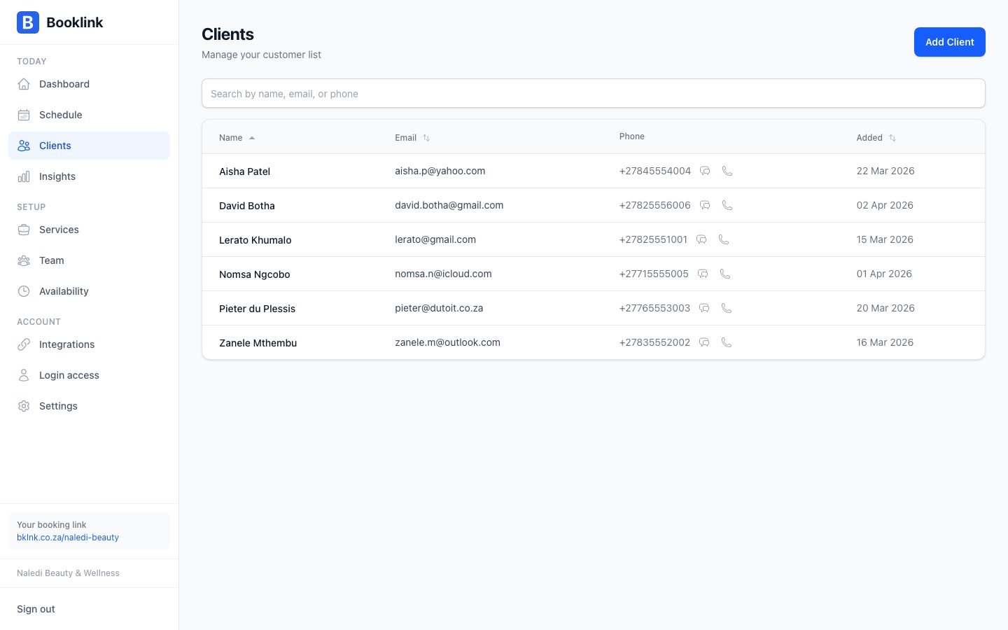 Client list showing names, contact details, and last booking dates