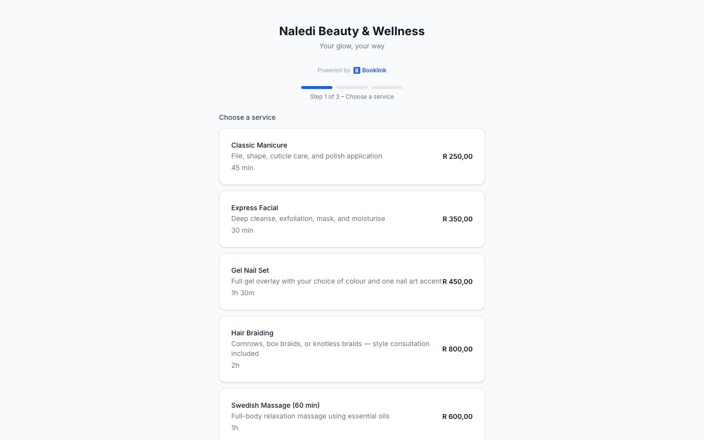 Public booking page showing business branding and service list