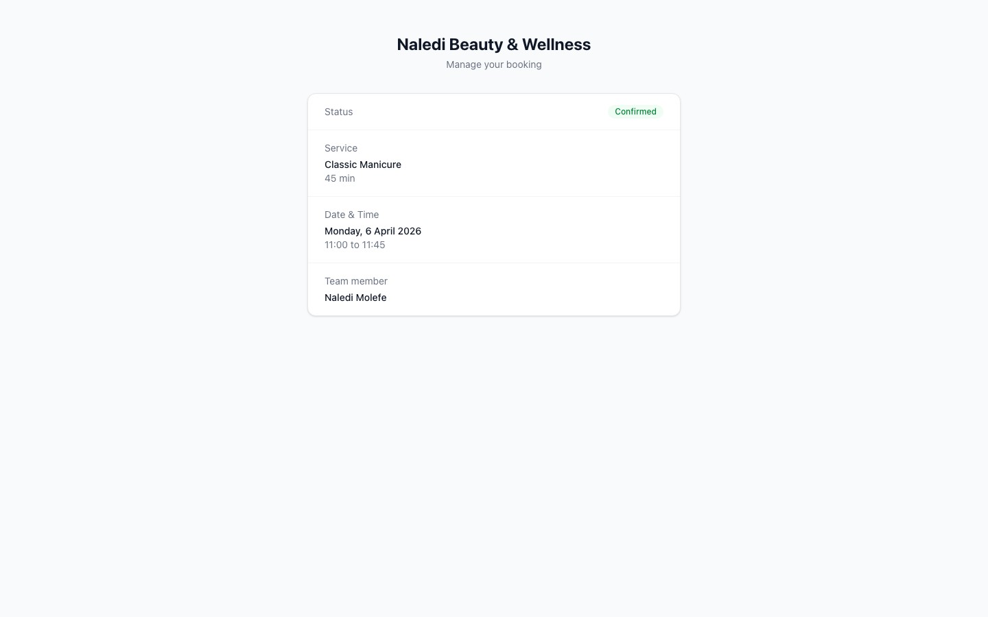Customer self-service page showing a confirmed booking summary