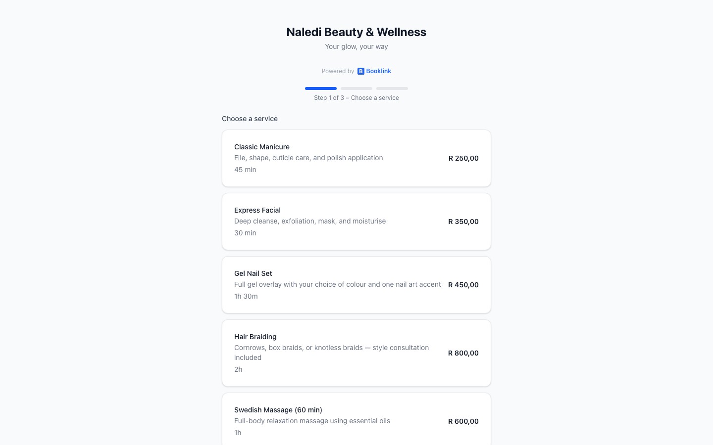 Service selection step showing service cards with name, duration, and price