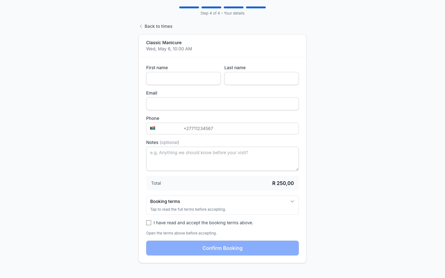 Public booking page showing the collapsed booking terms panel and disabled acceptance checkbox