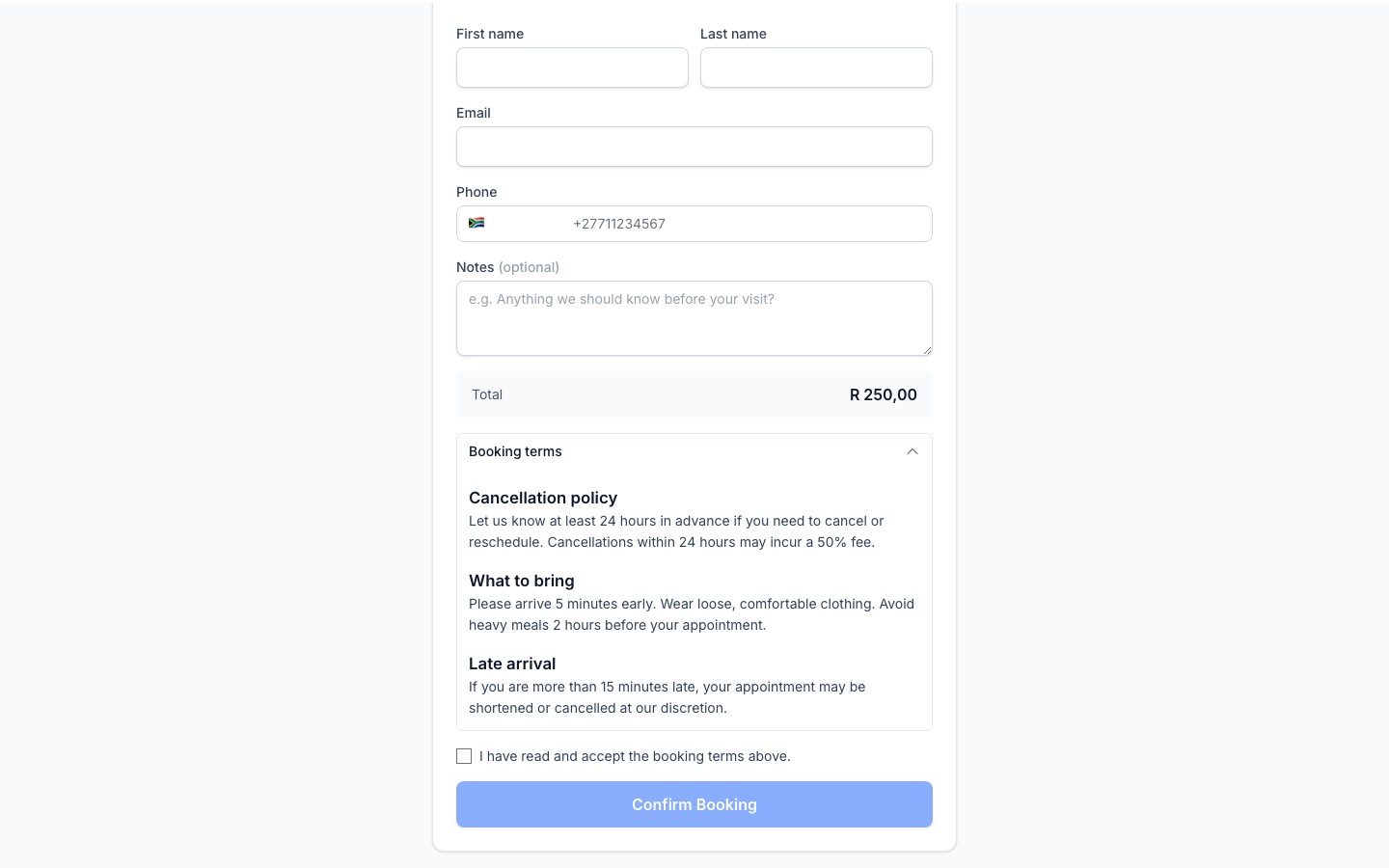 Public booking page showing the expanded booking terms panel with the acceptance checkbox enabled