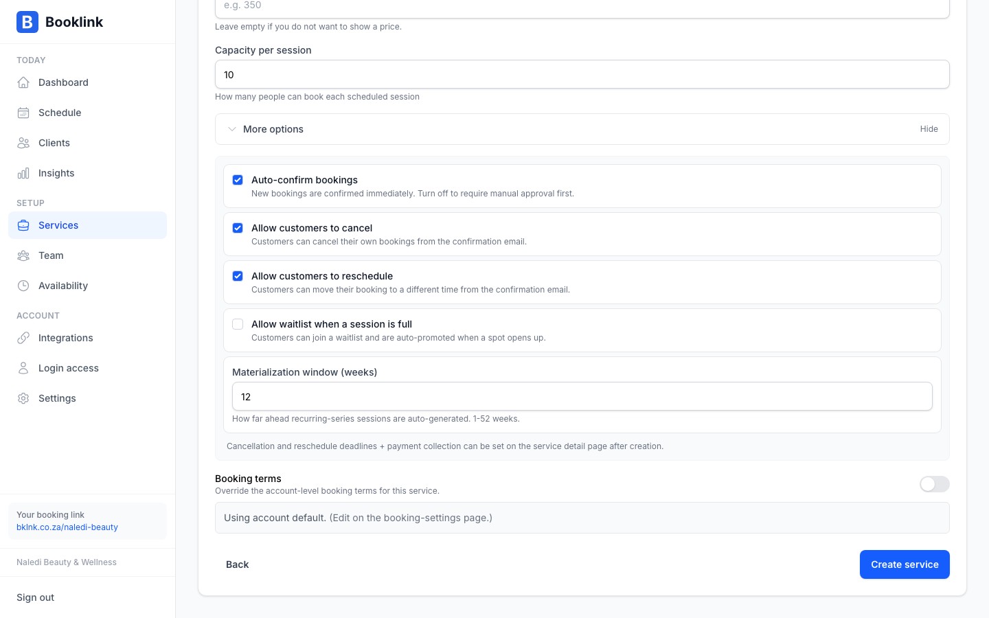 Service add form with the More options section expanded, showing the Materialization window field