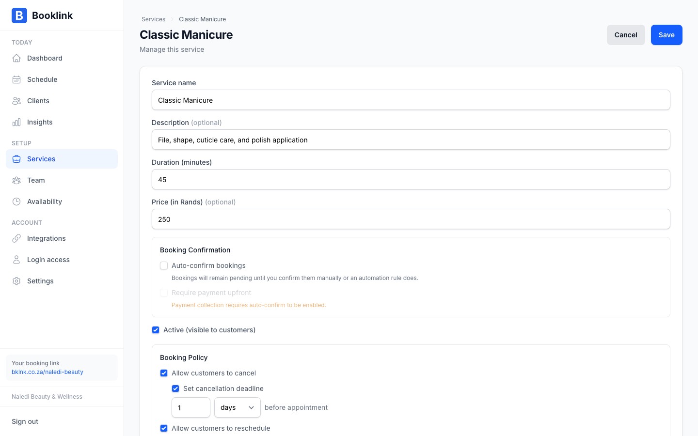 The service assignment override form showing price and duration override fields