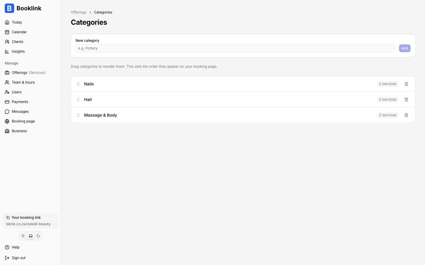 services categories list