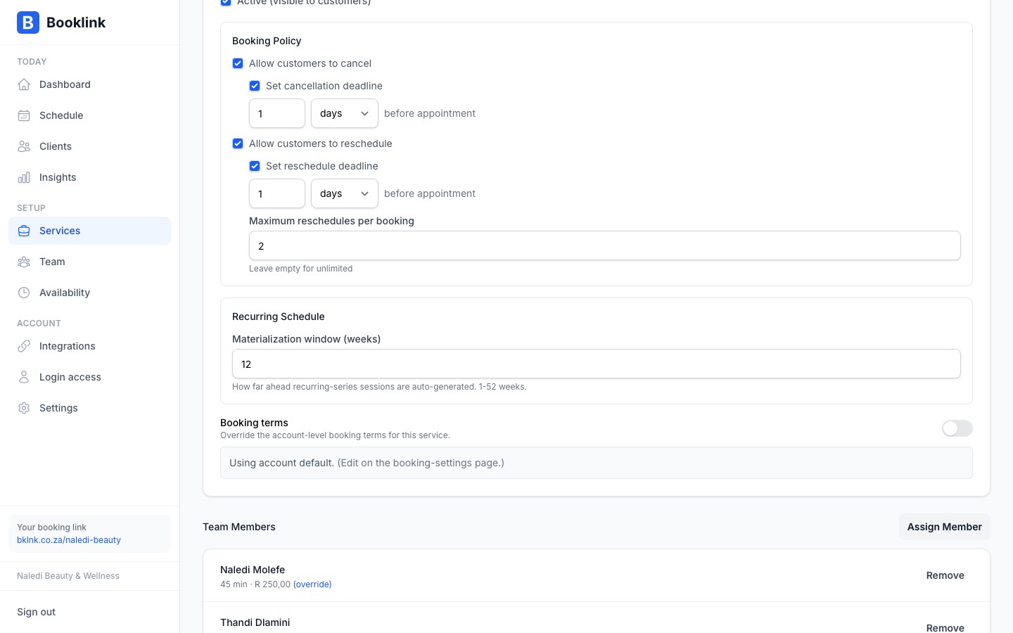 Service detail page Recurring Schedule section showing the Materialization window field