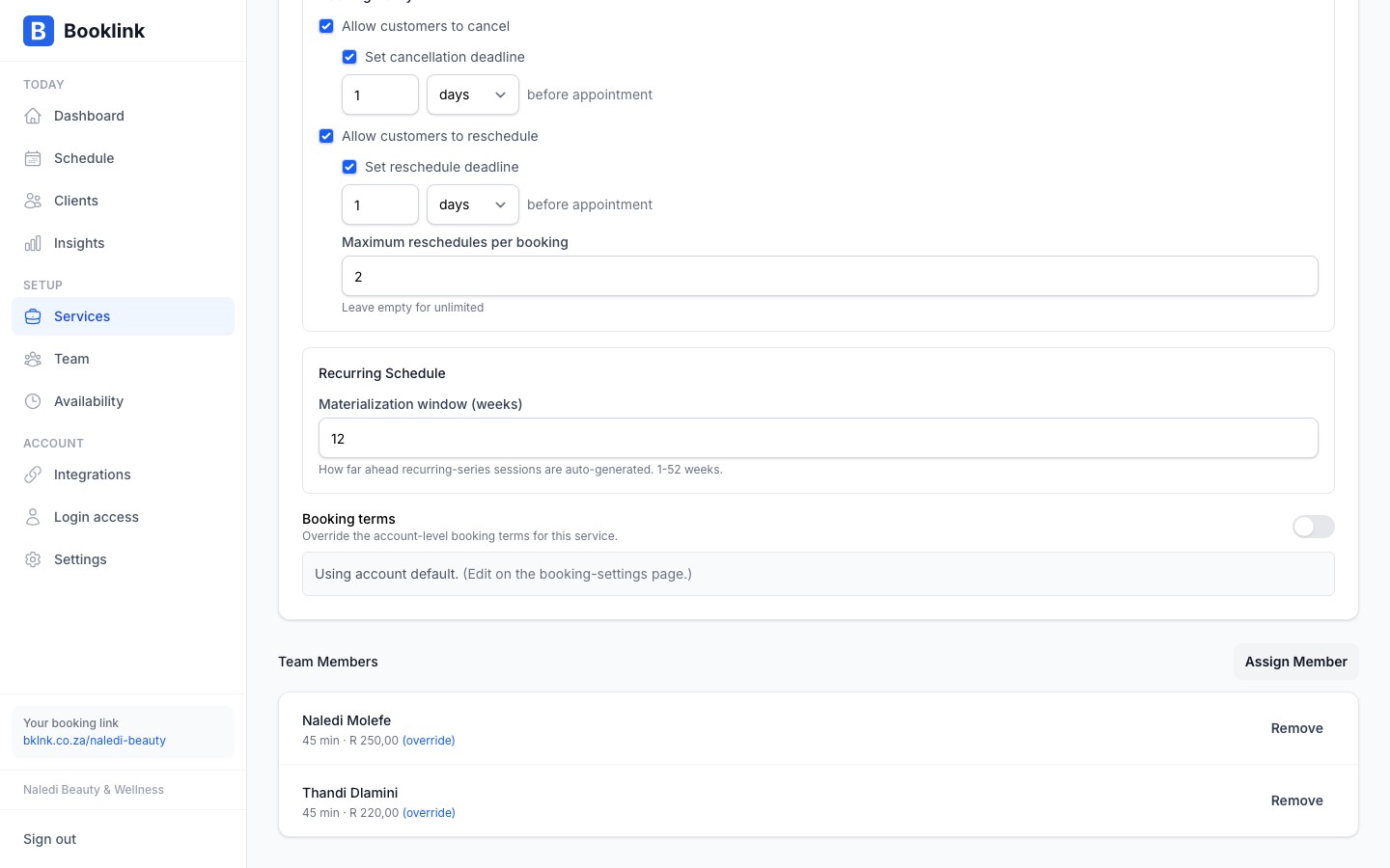 Service edit form showing the booking terms section with the override toggle