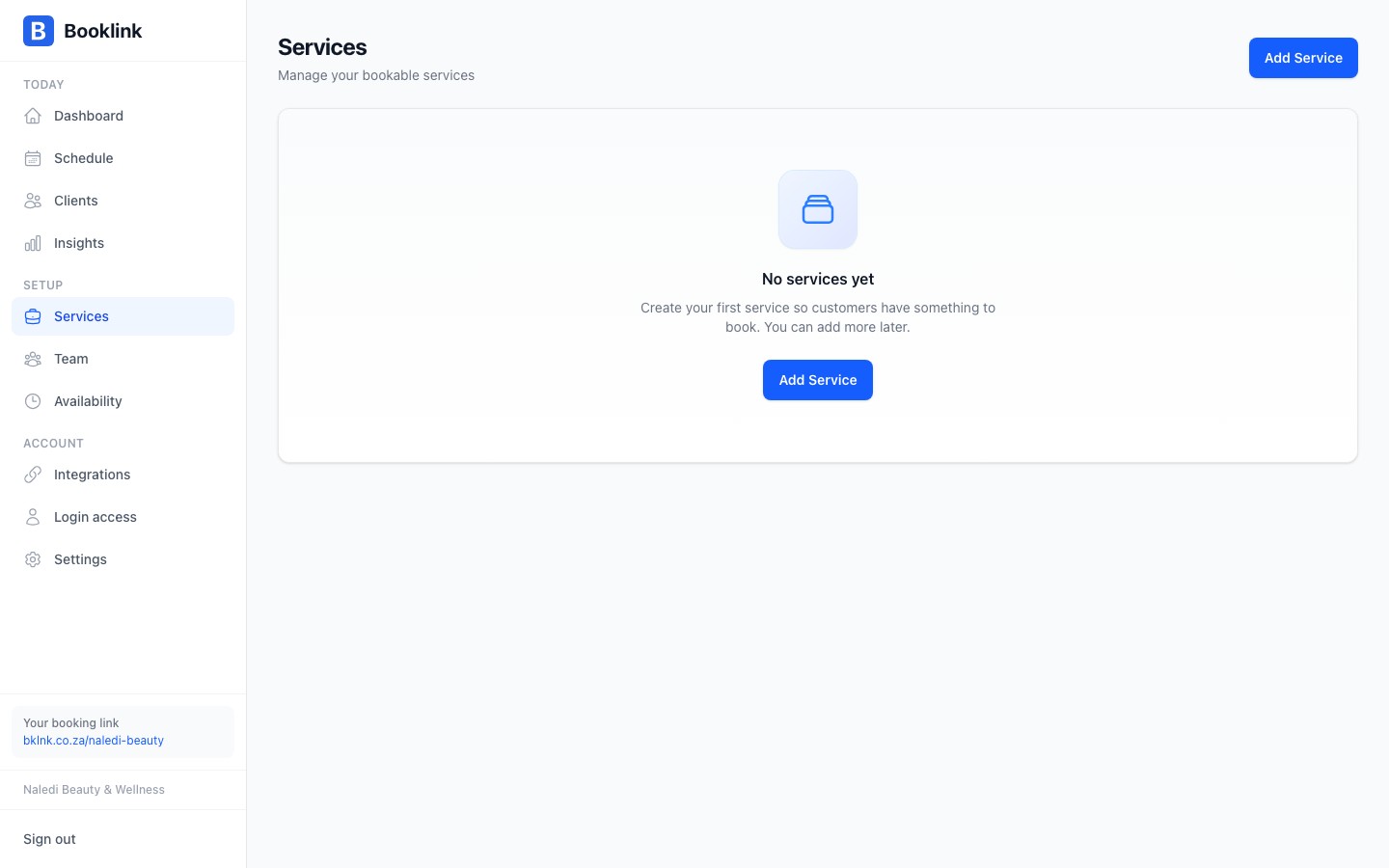 The services page empty state prompting you to create your first service