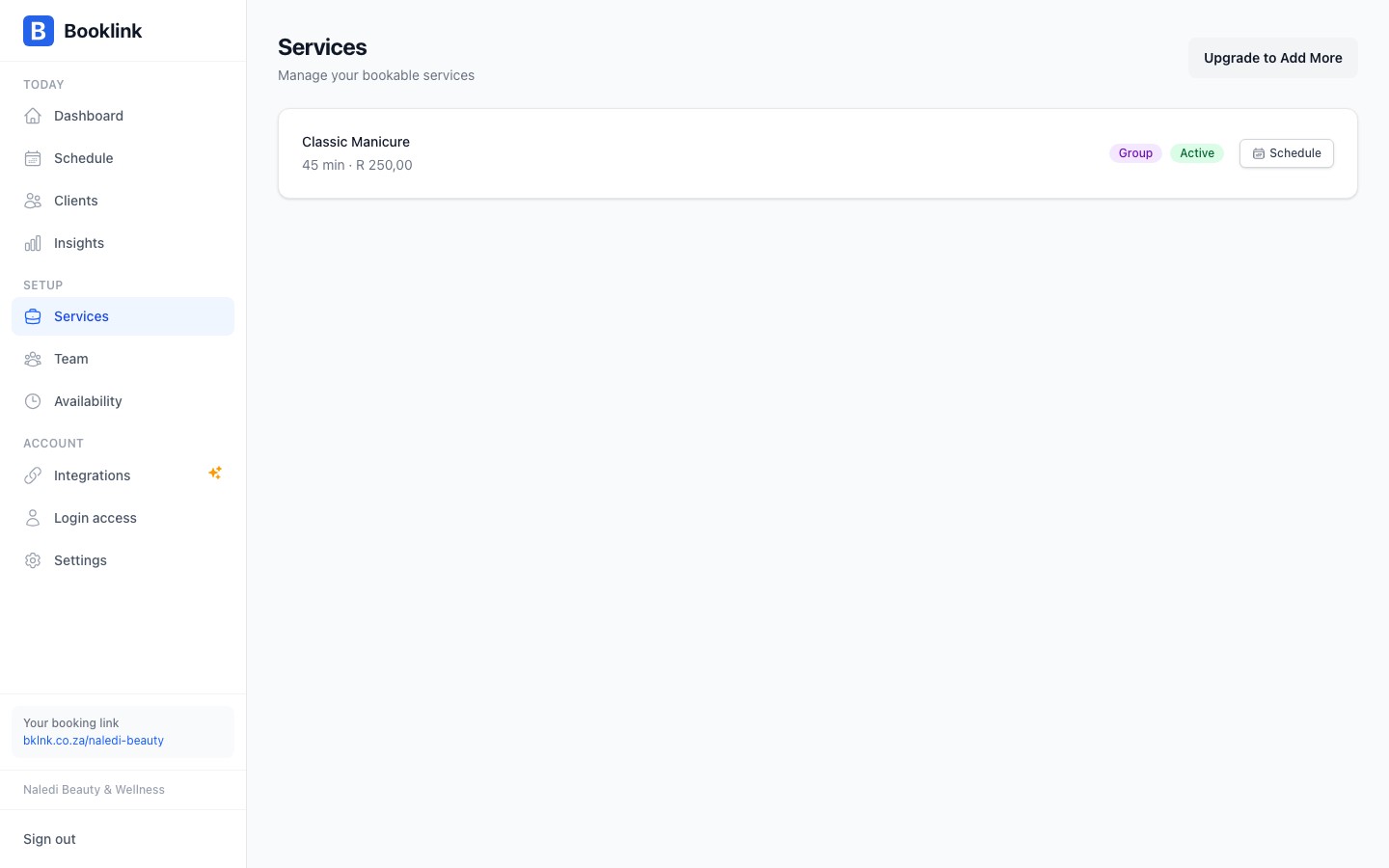 Services page showing the free plan limit banner with an upgrade prompt