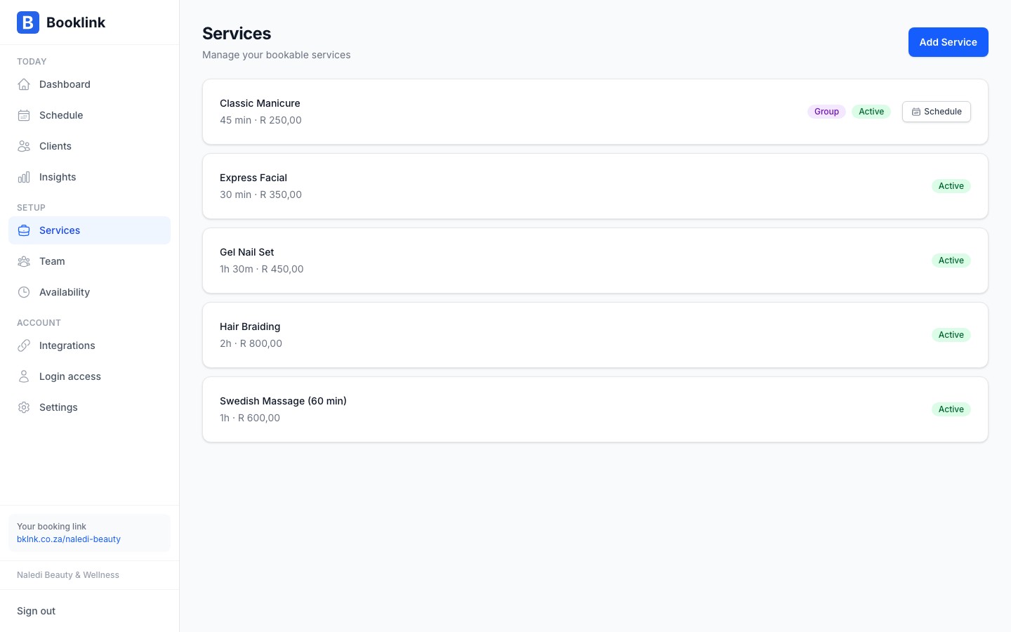 Services list showing the Schedule button on a group service row, separated from the status pills