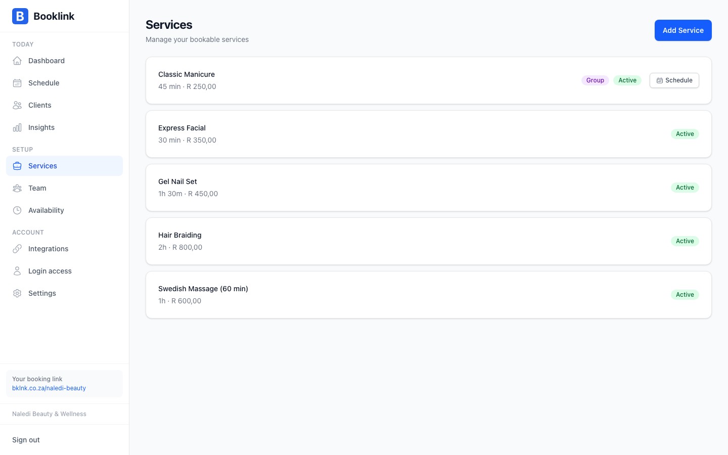 The services list showing multiple services with their price, duration, and active status