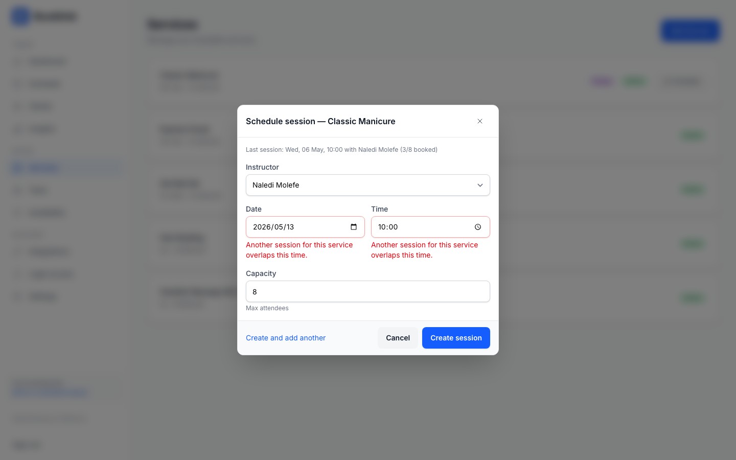 Quick-schedule dialog showing an inline overlap error on the time field