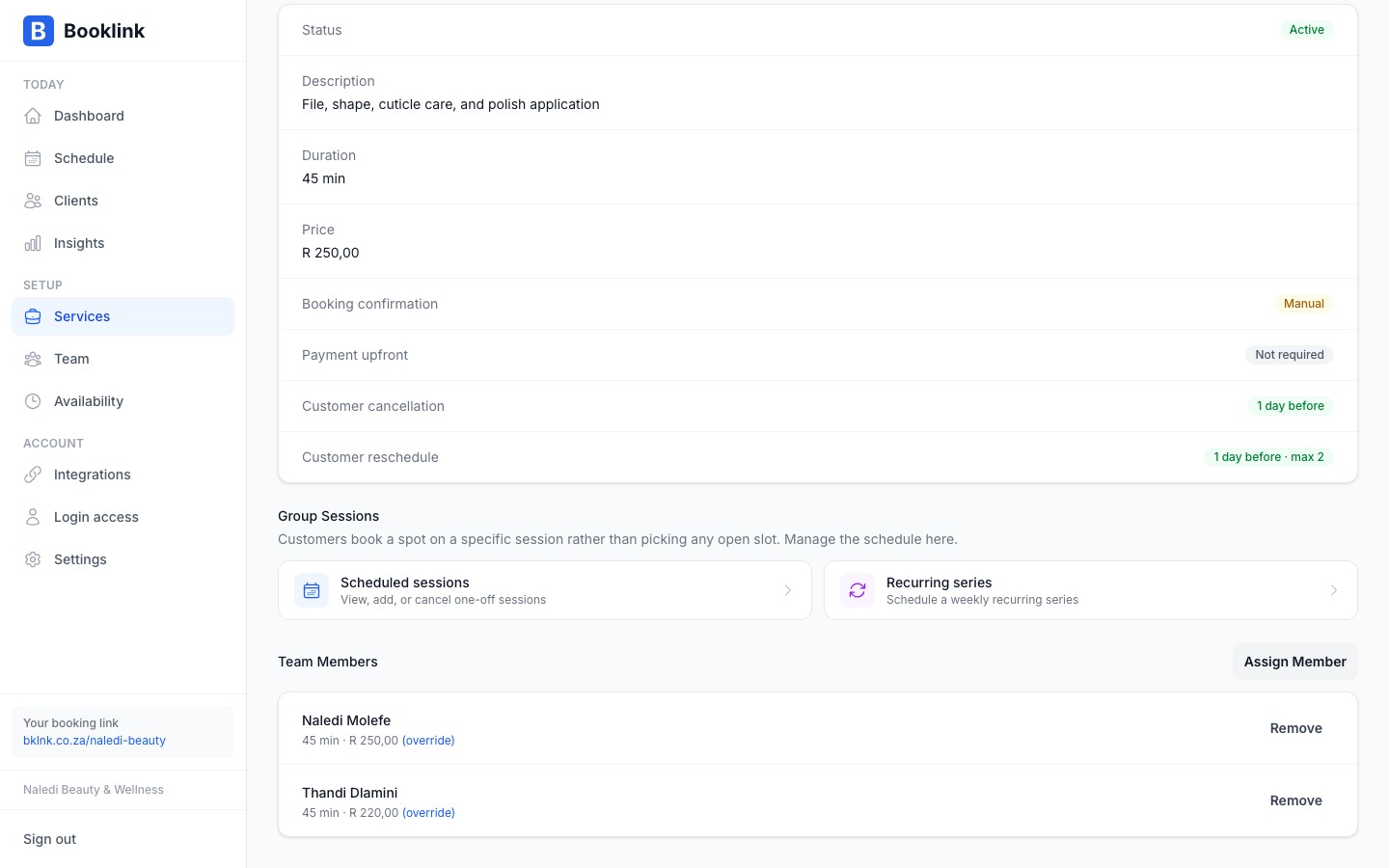 The team assignments section on a service detail page showing assigned team members