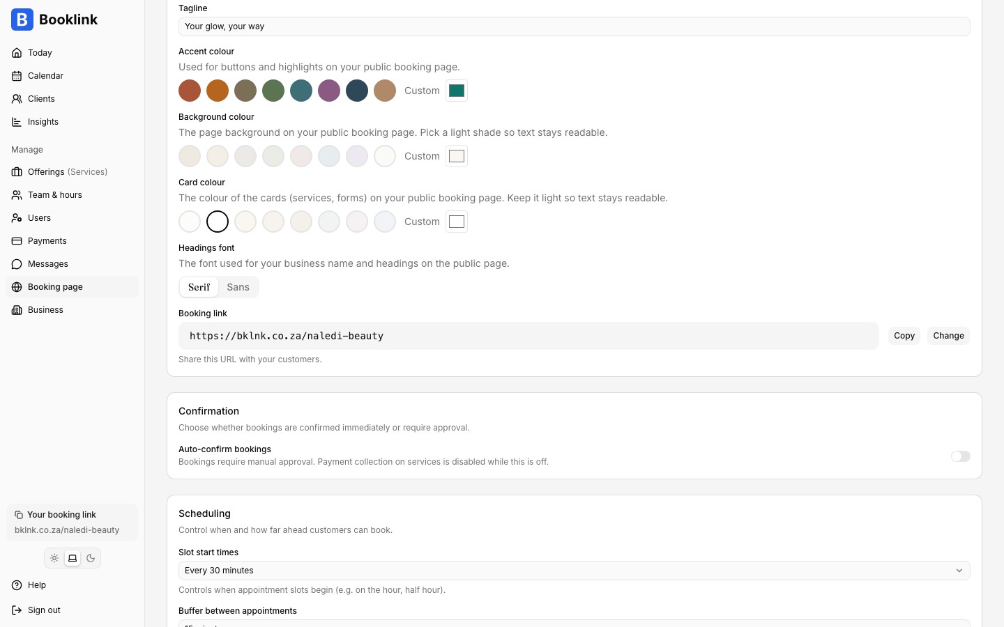 Booking page settings showing the booking link with copy and change buttons