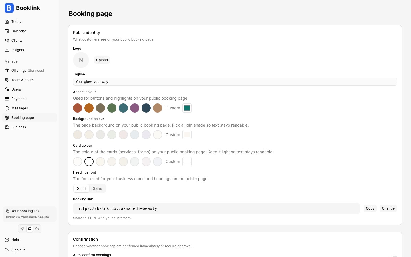 The Booking page settings showing the Public identity card