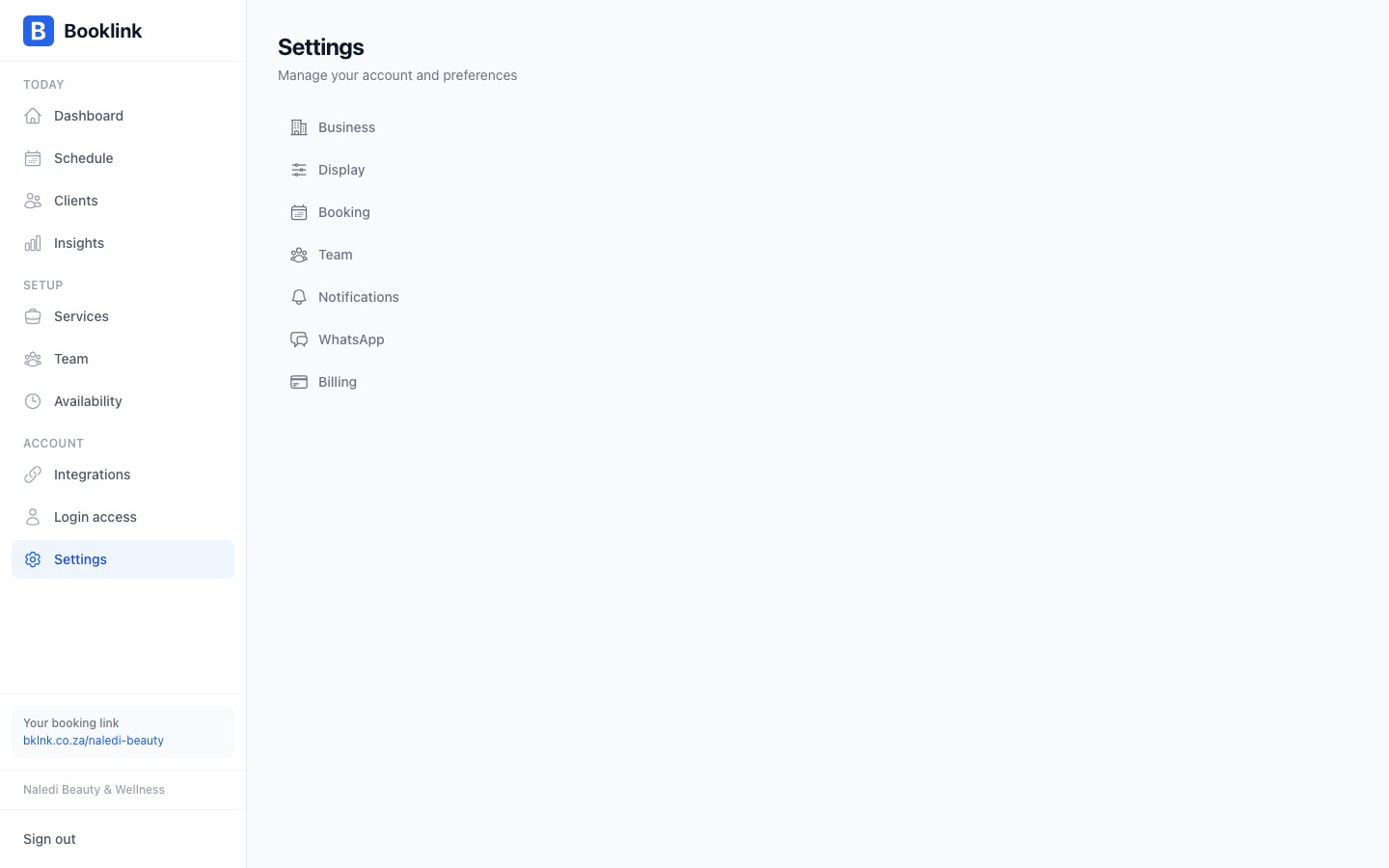 Business information settings page with all editable fields