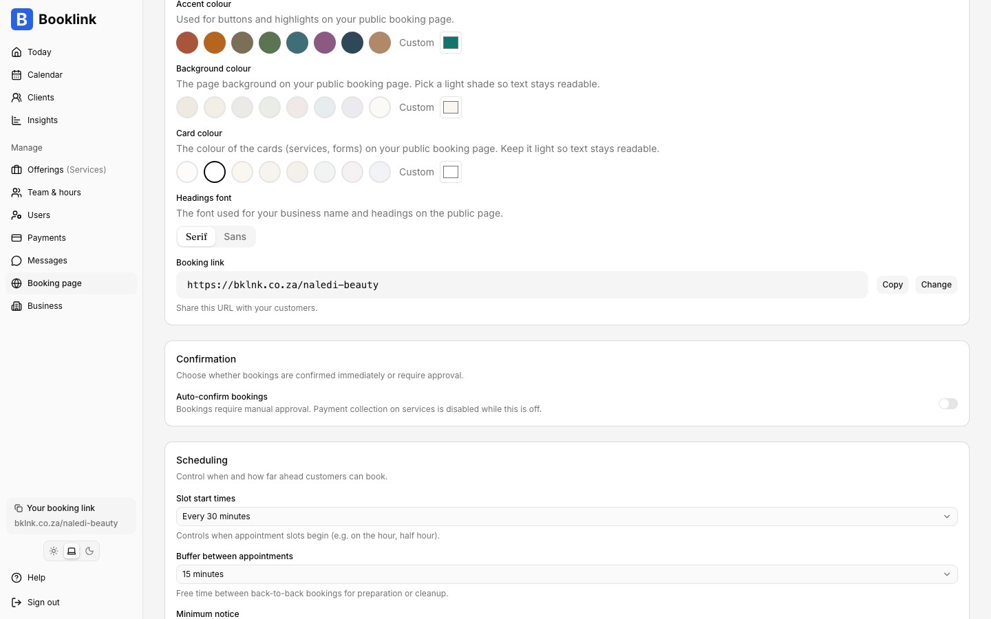 Accent, background, and card colour swatches with the font picker in Booking page settings