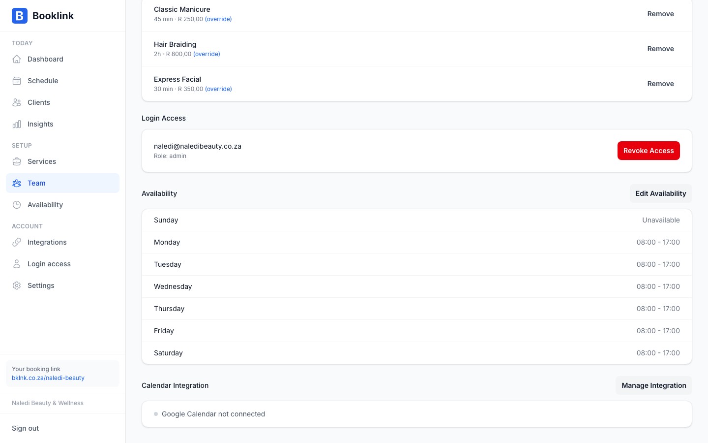 Team member card showing the Google Calendar connection status badge