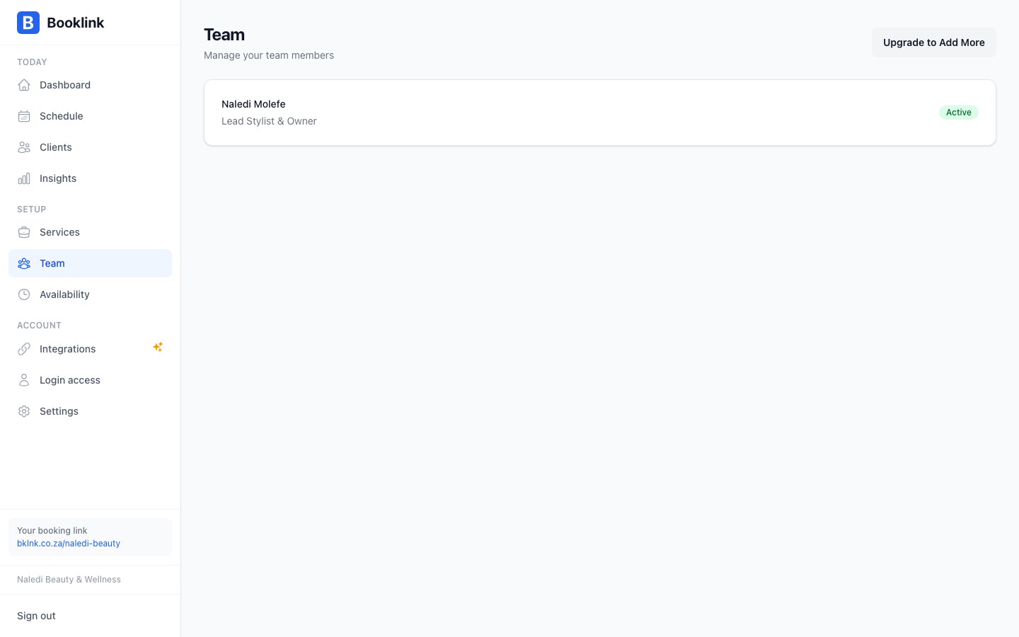 Team members page showing the free plan limit notice with an upgrade prompt