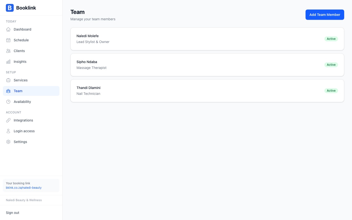 The team members list showing multiple team member cards with name, title, and active status