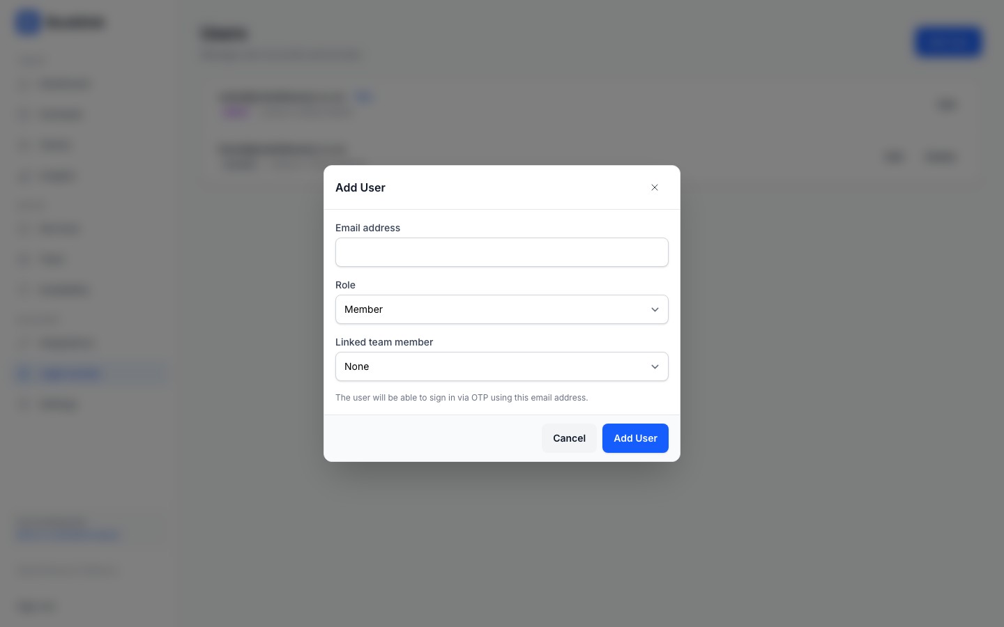Add user form showing the role selector with Admin and Member options