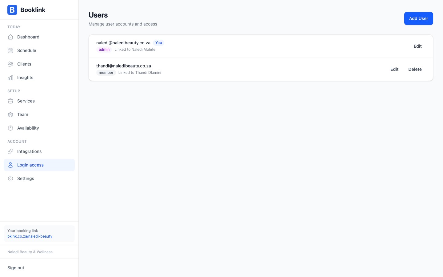 Users list showing all users with their names, email addresses, roles, and last login dates